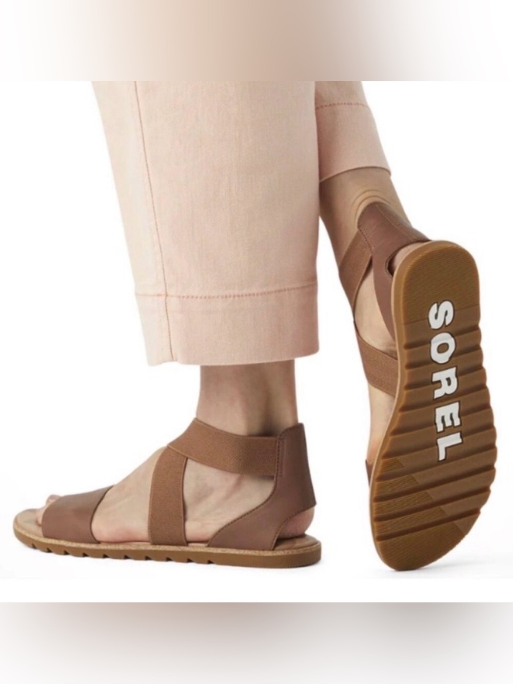 Sorel Ella Camel Brown Leather Elastic Crisscross Strap Sandals Size 8 boho